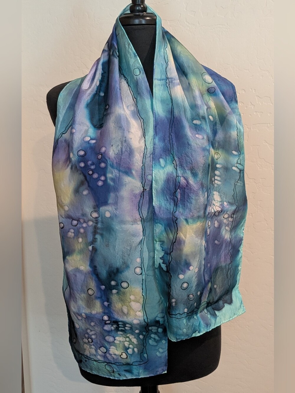 Artist Signed Hand Painted Watercolor Purple Blue Silk 58" Rolled Edge Scarf